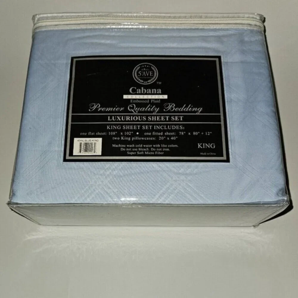NEW Hotel 5th Ave Cabana Embossed Plaid Blue King Sheet Set Flat Fitted PCx2